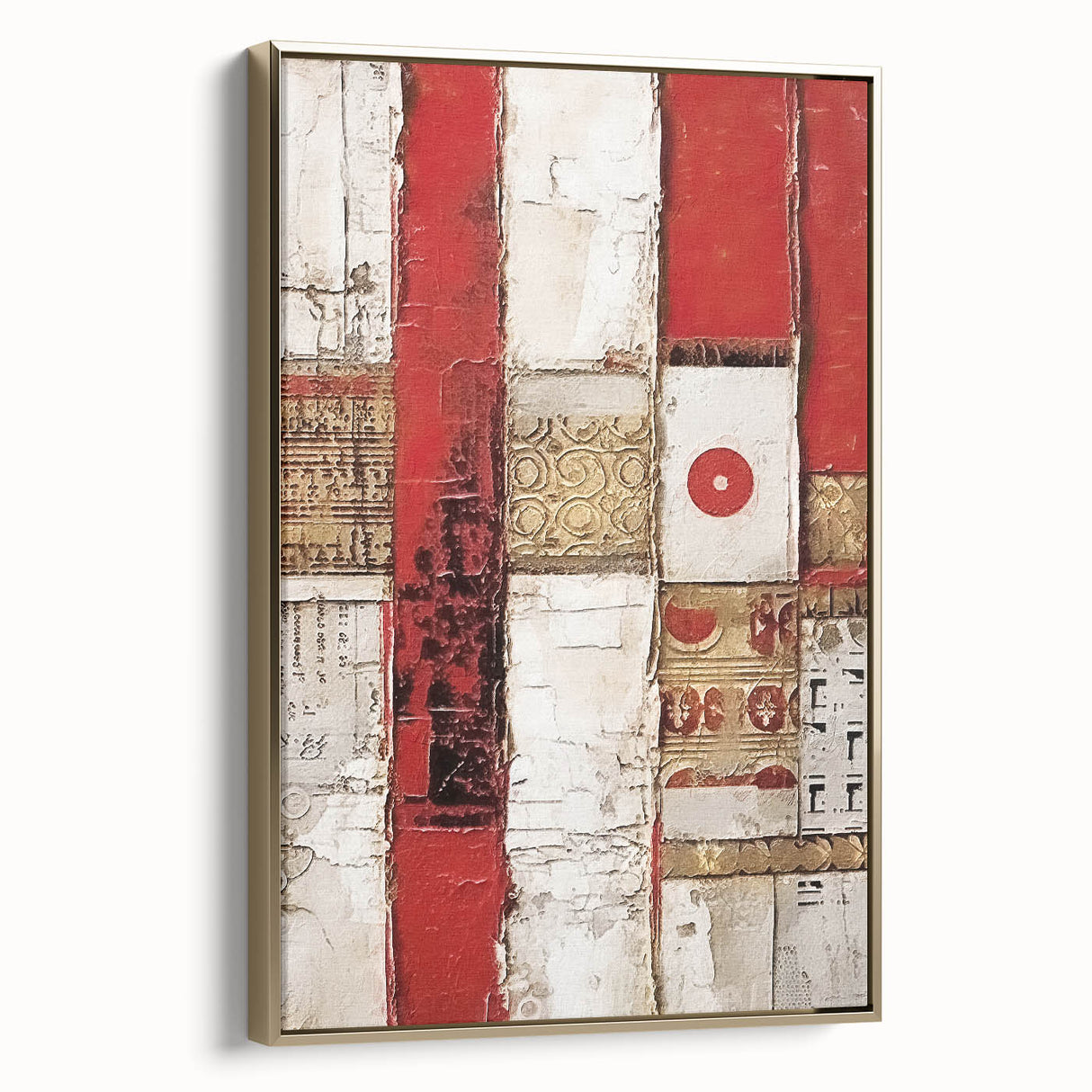 Framed canvas wall art displaying abstract gold strokes on a textured background, showcasing a modern design perfect for stylish home decor.