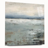 Abstract wall art print featuring vibrant strokes in shades of blue, pink, and yellow on acrylic glass, elegantly displayed in a side view showcasing its sleek design.