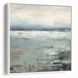 Framed canvas wall art displaying abstract strokes in shades of blue and gold, set against a white background; showcases modern aesthetic for stylish decor.