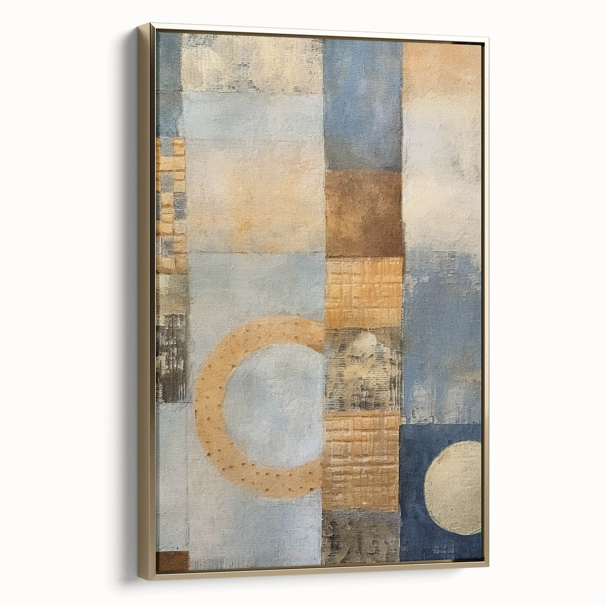 Framed wall art featuring abstract gold strokes on a textured canvas, elegantly displayed from a side view, perfect for modern home decor.