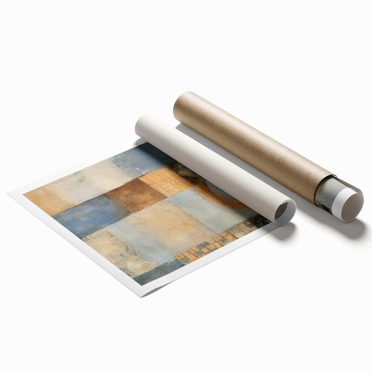 Abstract wall art print showcasing vibrant strokes in hues of blue, orange, and yellow, rolled and ready for framing, perfect for modern home decor.