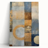 Abstract wall art featuring vibrant strokes in shades of blue, orange, and gold, elegantly displayed on stretched canvas, perfect for modern home decor.