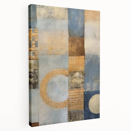 Abstract wall art featuring vibrant strokes in shades of blue, orange, and yellow on stretched canvas, showcasing a modern artistic design perfect for contemporary home decor.