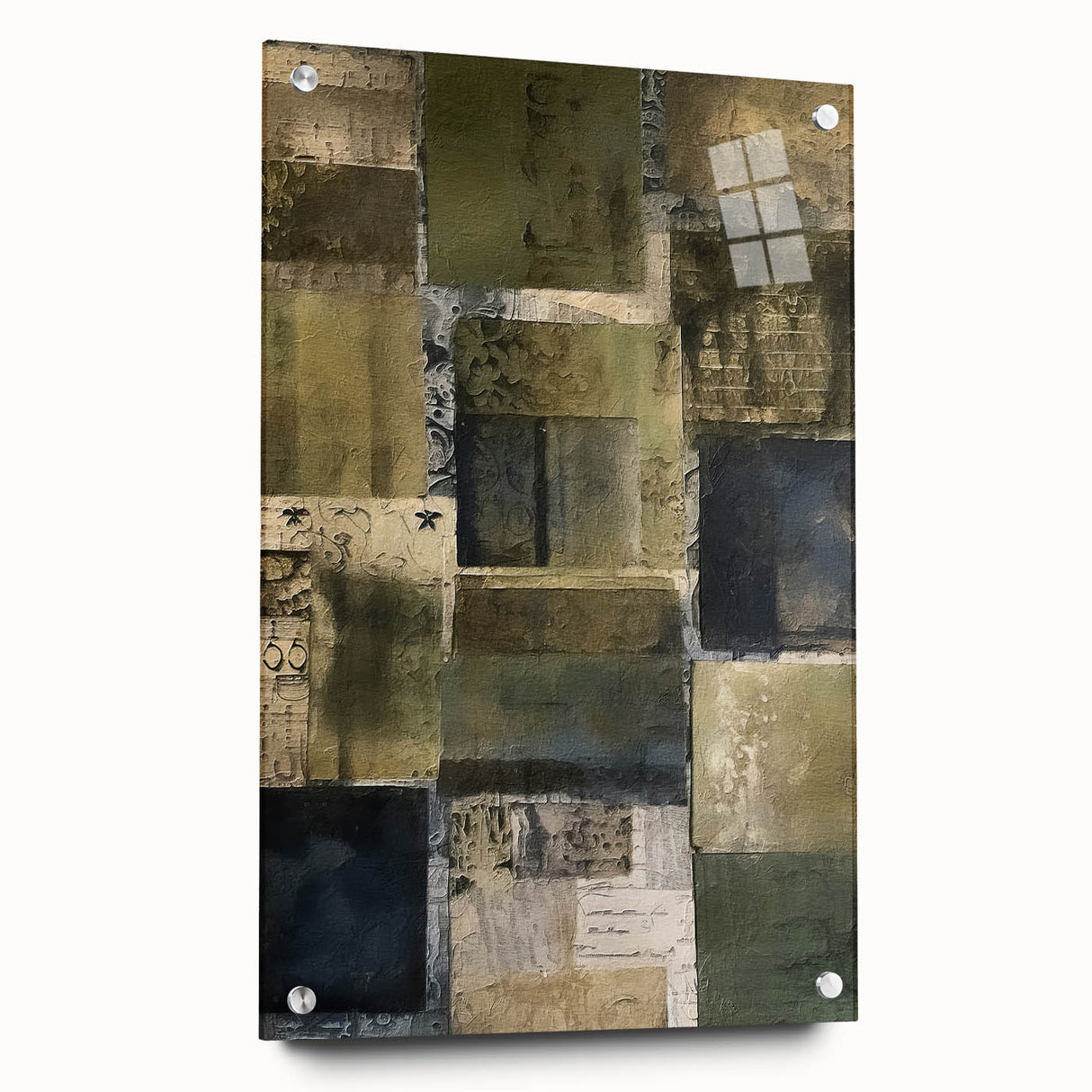 Abstract wall art featuring vibrant strokes in various colors, displayed in an acrylic glass frame with decorative pins, ideal for modern home decor.