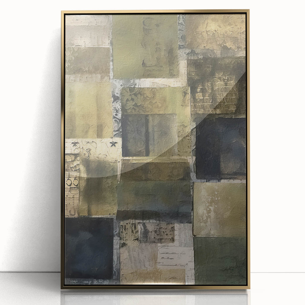 Framed abstract wall art featuring gold acrylic strokes on a textured background, perfect for modern home decor, adding elegance and sophistication to any room.