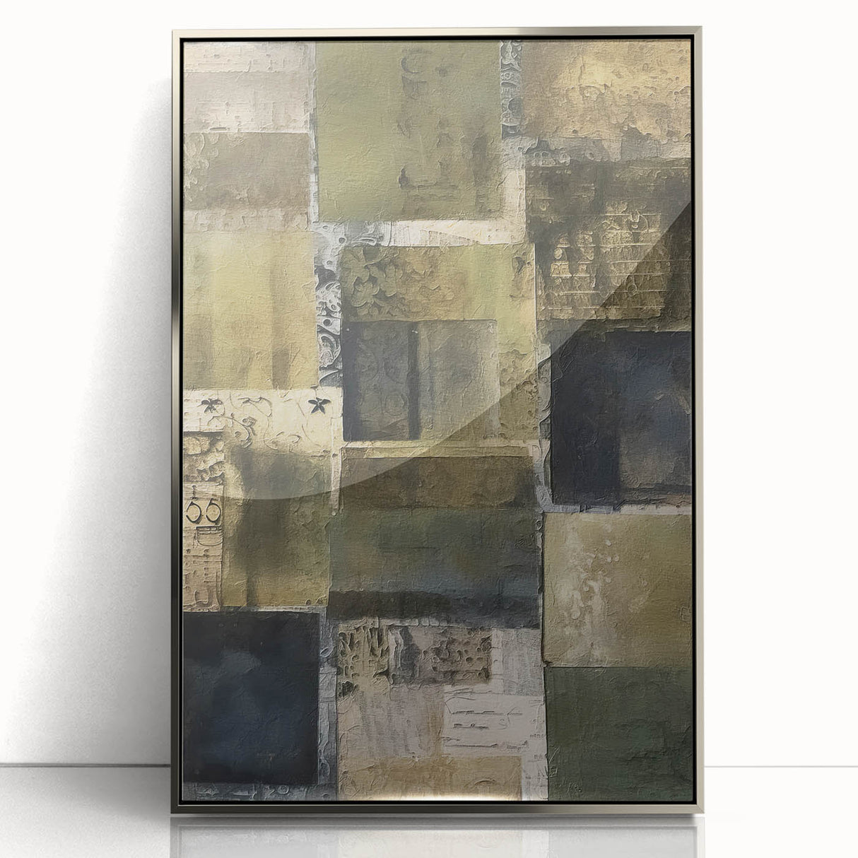 Framed acrylic wall art showcasing a modern abstract design with silver and blue strokes, ideal for contemporary home decor and artistic ambiance.