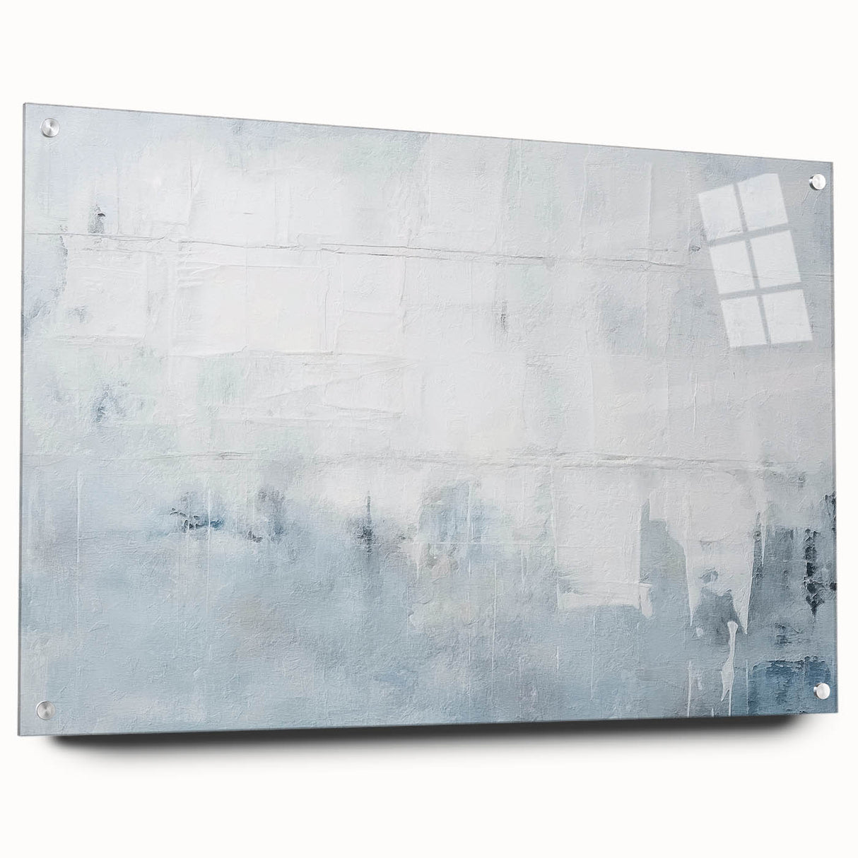 Abstract wall art featuring vibrant strokes in shades of blue, yellow, and pink, displayed in a sleek acrylic frame from a side view, showcasing its modern design and pin mounting.