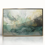 Framed abstract wall art featuring dynamic gold strokes on a white background, ideal for modern home decor, adding elegance and sophistication to any room.