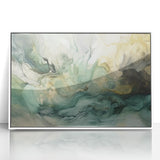 Framed abstract wall art featuring colorful strokes in shades of blue, pink, and gold against a white background, perfect for modern home decor.