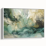 Framed abstract wall art featuring bold strokes in shades of blue, gray, and white, displayed from a side view to highlight its texture and depth. Ideal for modern home decor.