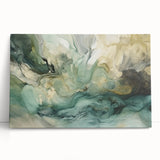 Abstract wall art featuring vibrant strokes in shades of blue, pink, and yellow on a stretched canvas, leaning against a white wall, adding a modern touch to any decor.