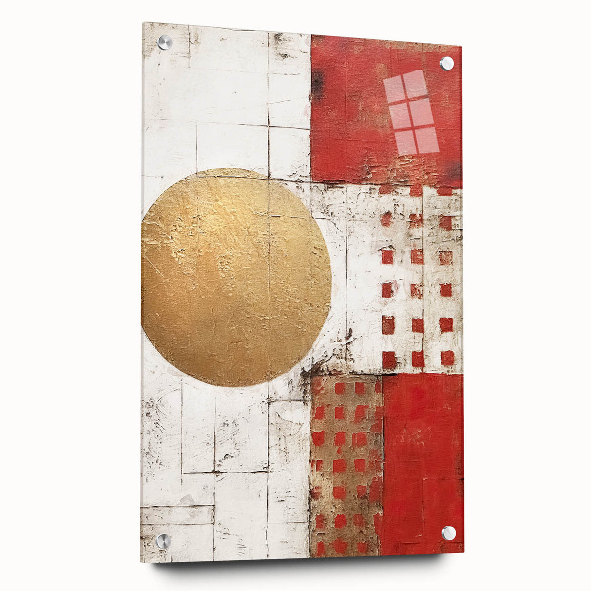 Abstract wall art featuring colorful strokes on acrylic glass, showcasing a modern design with visible mounting pins, ideal for contemporary decor.