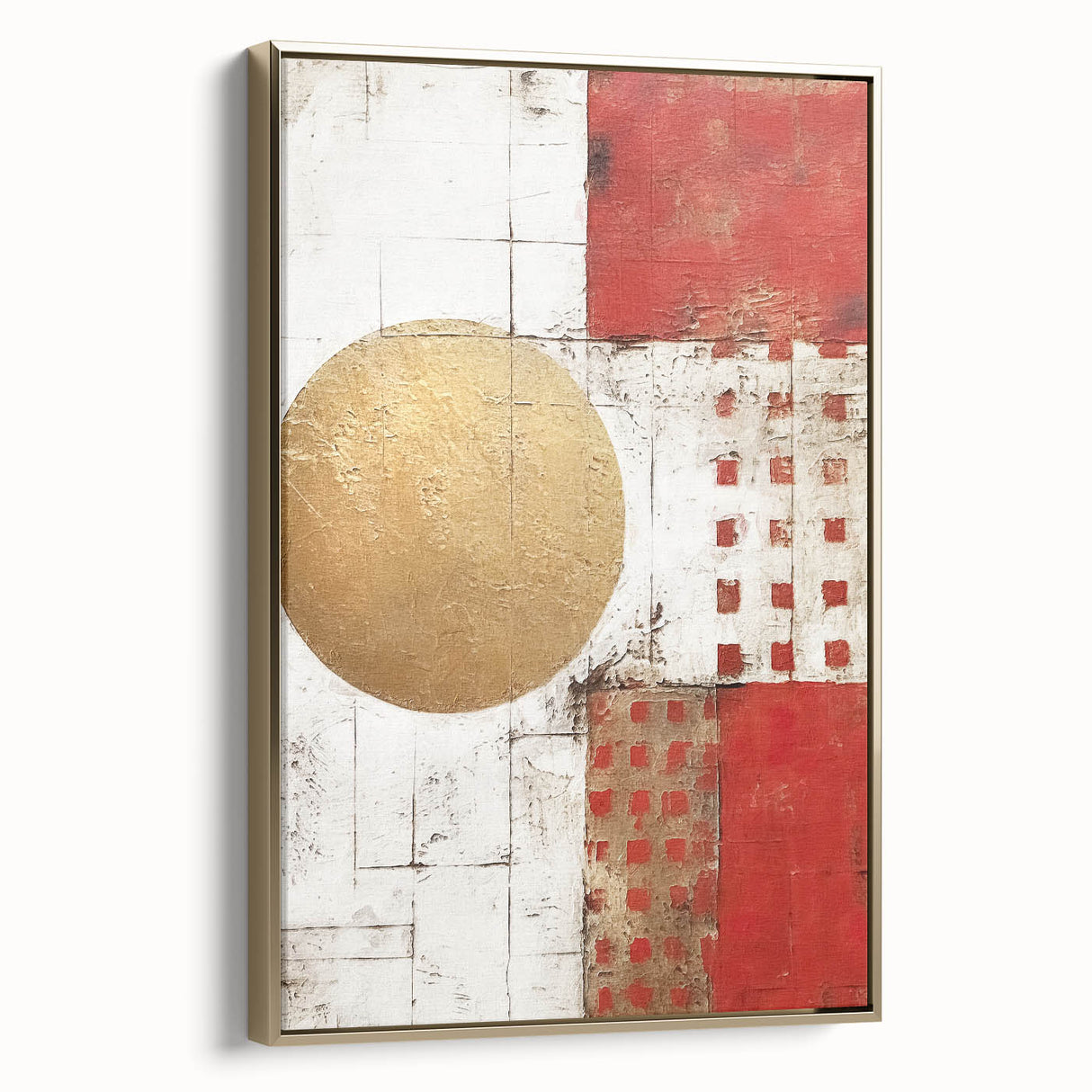 Framed abstract wall art featuring gold strokes on a textured canvas, showcasing a modern design ideal for contemporary home decor. The side view highlights the elegant frame and artistic details, perfect for adding a touch of sophistication to any room.