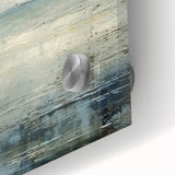 Close-up of vibrant abstract strokes wall art printed on acrylic glass, showcasing a blend of blue, gold, and white hues for a modern decor accent.