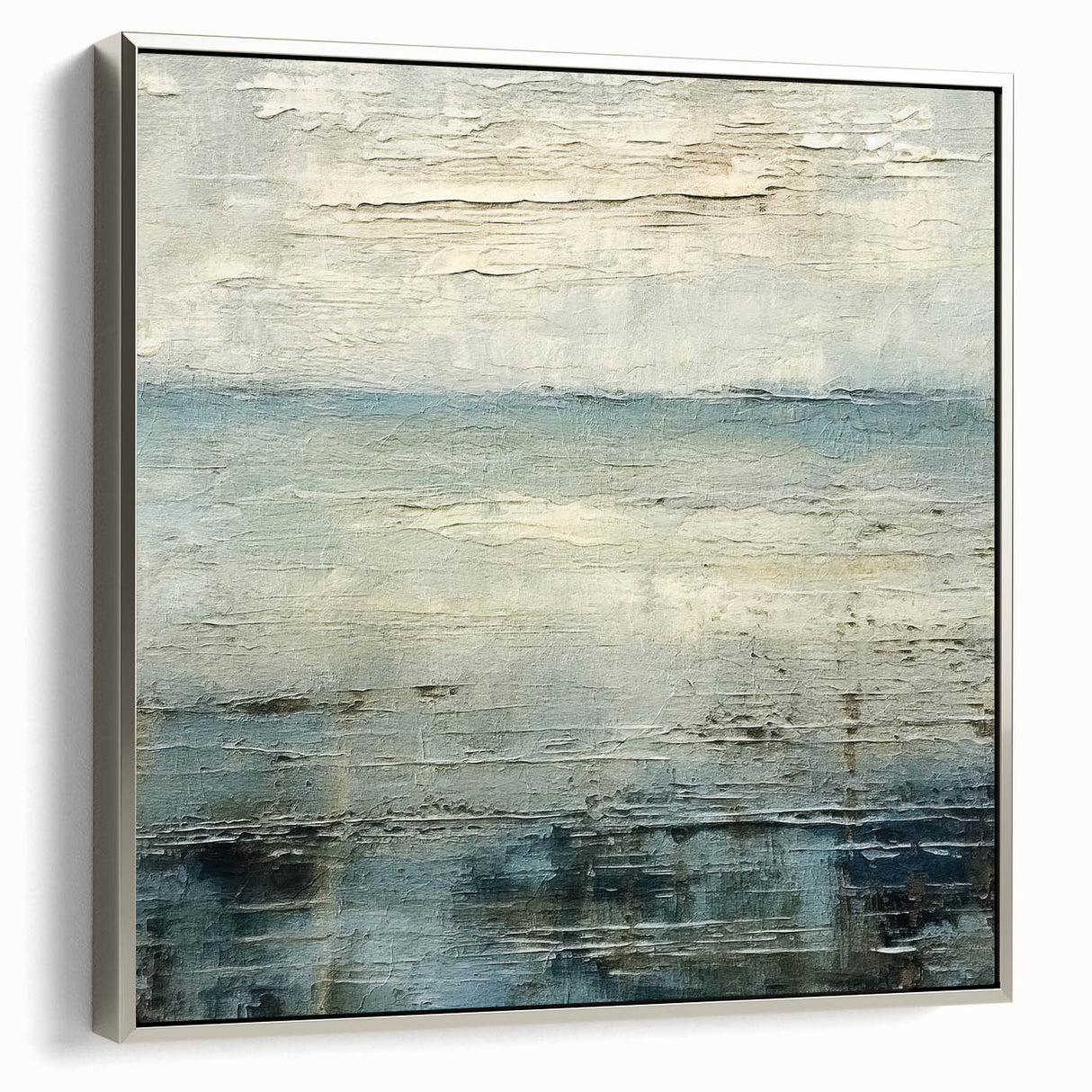 Framed abstract strokes wall art in silver, showcasing fluid brushwork and vibrant colors, perfect for modern home decor and art enthusiasts.
