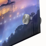 Close-up of a vibrant acrylic glass painting depicting a serene landscape with a majestic castle, showcasing intricate details and rich colors, perfect for home decor.