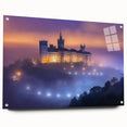 Acrylic glass artwork showcasing a detailed side view of a majestic castle surrounded by serene landscapes, vibrant colors accentuating the scenic beauty, ideal for home decor.