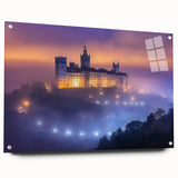 Acrylic glass artwork showcasing a detailed side view of a majestic castle surrounded by serene landscapes, vibrant colors accentuating the scenic beauty, ideal for home decor.