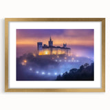 Elegant gold-framed landscape artwork showcasing a picturesque castle, matted for a refined presentation, ideal for home decor or gallery display.