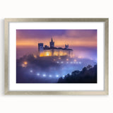 Elegant silver-framed landscape artwork depicting a majestic castle surrounded by lush greenery, featuring a mat for added depth and sophistication, perfect for home decor.