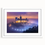 Elegant landscape artwork showcasing a detailed castle framed in a white mat, set against a serene backdrop, ideal for home decor and interior design enthusiasts.
