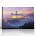 Framed acrylic artwork depicting a scenic landscape with a castle, featuring a black frame and glossy finish, ideal for home decor and adding sophistication to any room.