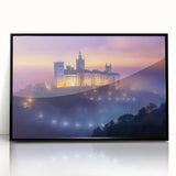 Framed acrylic artwork depicting a scenic landscape with a castle, featuring a black frame and glossy finish, ideal for home decor and adding sophistication to any room.