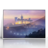 Framed acrylic artwork depicting a serene landscape with a majestic castle, featuring vibrant colors and intricate details, perfect for home decor or artistic inspiration.