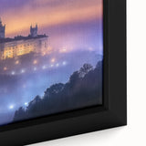Detailed close-up of a framed canvas artwork depicting a vibrant landscape with a majestic castle, featuring rich colors and intricate details, ideal for home decor.