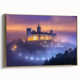 Framed canvas artwork depicting a vibrant landscape with a majestic castle, accented by a gold frame, showcasing intricate details and rich colors, perfect for home decor.
