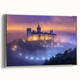 Framed canvas artwork depicting a scenic landscape with a castle, featuring a silver frame and side view for elegant home decor, perfect for enhancing interior aesthetics.