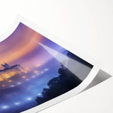 Rolled print showcasing a stunning European castle landscape, featuring vibrant colors and intricate details, elegantly packaged in a protective tube for art enthusiasts.