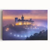 Stretched canvas artwork showcasing a picturesque landscape with a majestic castle, surrounded by lush greenery and a serene blue sky, perfect for home decor.