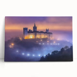 Stretched canvas artwork showcasing a picturesque landscape with a majestic castle, surrounded by lush greenery and a serene sky, perfect for home decor.