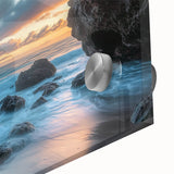 Close-up of an acrylic glass artwork depicting vibrant landscapes and intricate cave formations, showcasing rich colors and detailed textures for a striking visual impact.