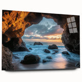 Acrylic glass artwork showcasing a stunning side view of vibrant, abstract landscapes within a cave setting, perfect for modern home decor. The colorful design emphasizes depth and creativity, making it an eye-catching focal point.