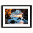 Framed landscape artwork depicting a serene cave scene, featuring a black mat and sleek frame, perfect for home decor or office aesthetics. This piece combines natural beauty with modern design, enhancing any interior space.