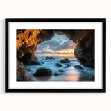 Framed landscape artwork depicting a serene cave scene, featuring a black mat and sleek frame, perfect for home decor or office aesthetics. This piece combines natural beauty with modern design, enhancing any interior space.