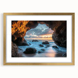 Framed landscape artwork showcasing a serene cave scene with a gold mat border, ideal for home decor or office space enhancement, exuding elegance and tranquility.