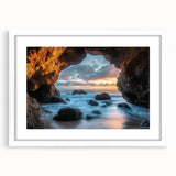 Framed landscape artwork depicting a serene cave scene, featuring a white mat and a polished frame, ideal for enhancing home decor with natural beauty.