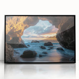 Framed acrylic artwork depicting a stunning view of colorful landscapes and caves, showcasing vibrant hues and intricate details, perfect for modern home decor.