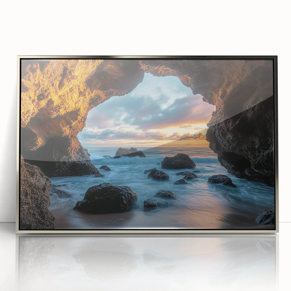 Framed acrylic artwork showcasing a stunning landscape with intricate cave formations in silver tones, designed to enhance modern decor and evoke tranquility.