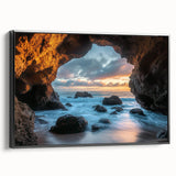 Framed canvas artwork depicting a serene landscape with caves, showcased from a black side view, perfect for modern home decor and nature enthusiasts.