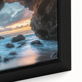 Close-up of a framed canvas print showcasing a stunning landscape with intricate cave formations, featuring earthy tones and fine details, ideal for modern home decor.