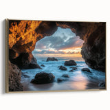 Framed canvas artwork depicting a majestic cave landscape with rich gold accents, showcasing intricate details and a stunning side view, perfect for home decor.