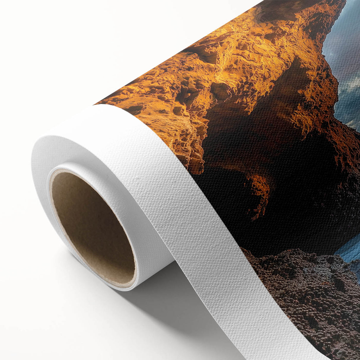 Abstract landscape artwork on rolled canvas, showcasing vivid colors and intricate details of caves and natural formations, ideal for modern home decor. Packaged securely in a cardboard tube for easy transport and display.