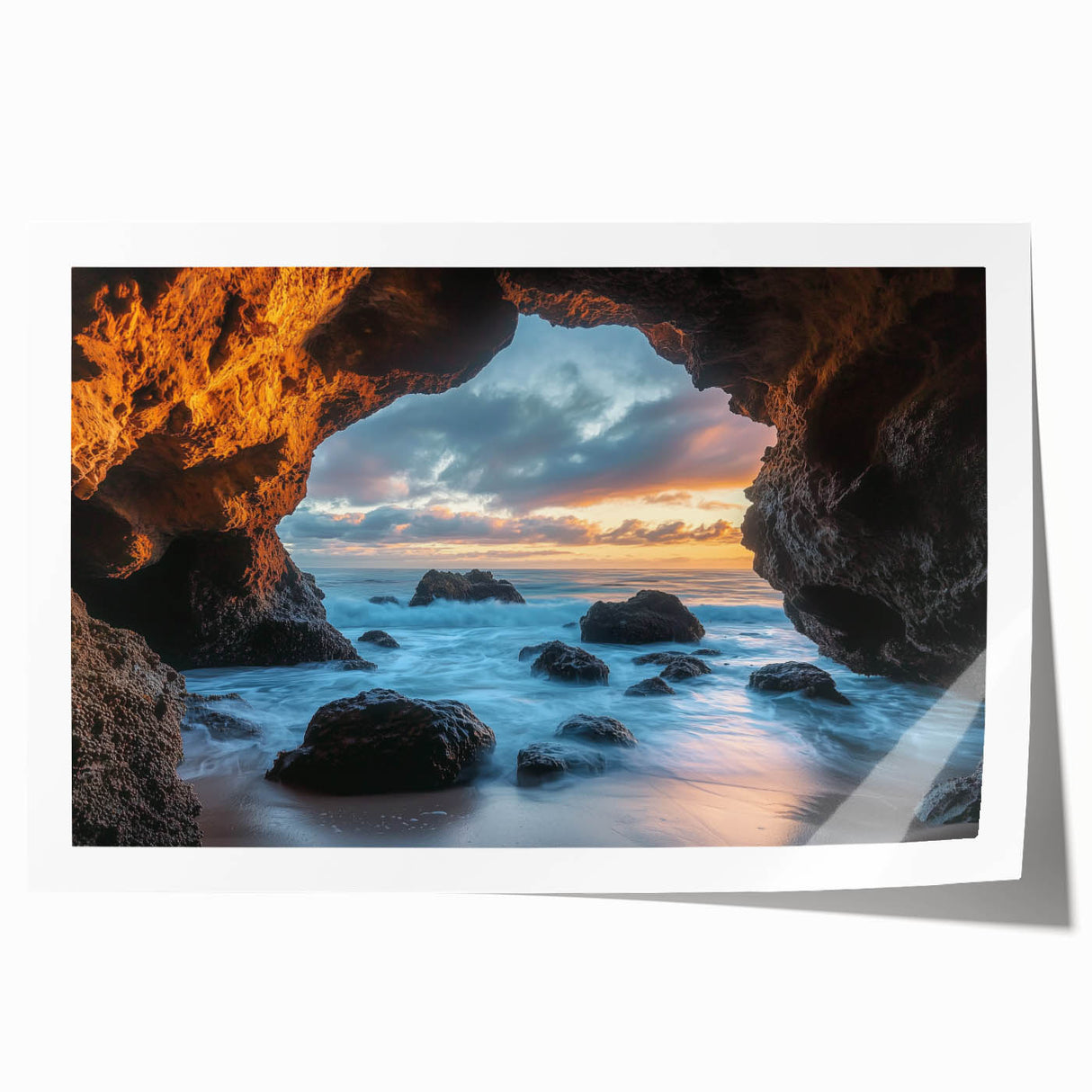 Rolled print showcasing a vibrant landscape with intricate cave designs, ideal for home decor and art enthusiasts, packaged securely in a protective tube.