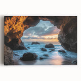 Stretched canvas artwork showcasing a captivating landscape with intricate cave formations and vibrant colors, ideal for enhancing home decor and artistic ambiance.