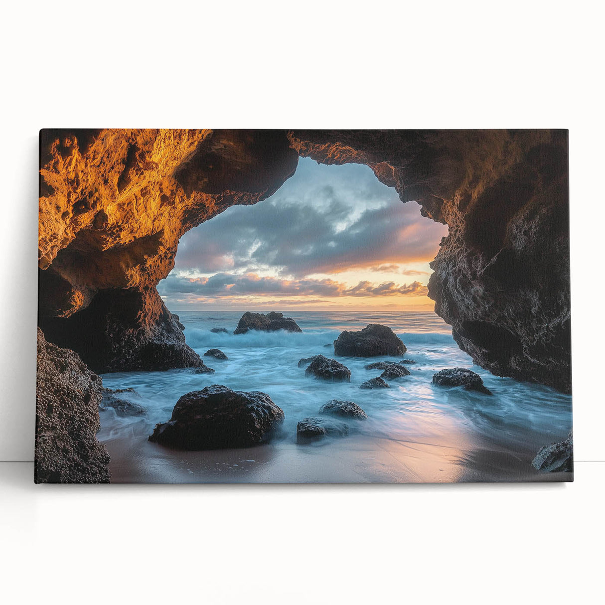 Stretched canvas artwork showcasing a striking landscape with caves, featuring vibrant colors and intricate details, perfect for modern home decor.