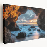 Stretched canvas artwork depicting a serene cave landscape, showcasing rich earthy tones and intricate details, perfect for enhancing home decor with natural beauty.